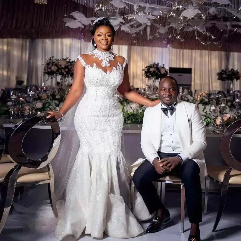 Customized High Neck Beaded Mermaid African Wedding Dresses Cap Sleeve Appliques Bridal Plus Size Custom Made Gown
