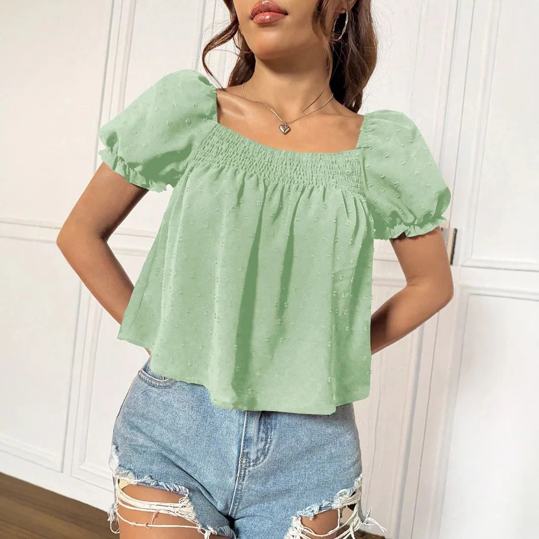 Summer Women's ort Top Sweet Sle Loose Fit Bubble Sve Pure Color irt Polyester Nylon Material Square Collar Design