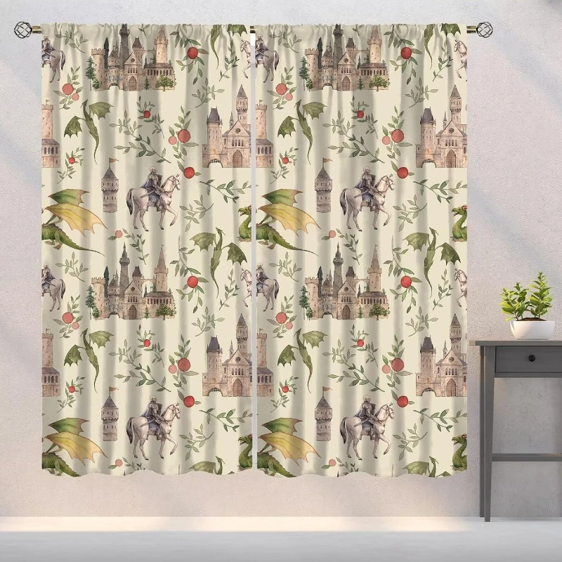 Dragon Blackout Curtains, Medieval Magical Castle Knights Art Printed Window Drapes for Bedroom Living Room Kitchen Decor Fabric