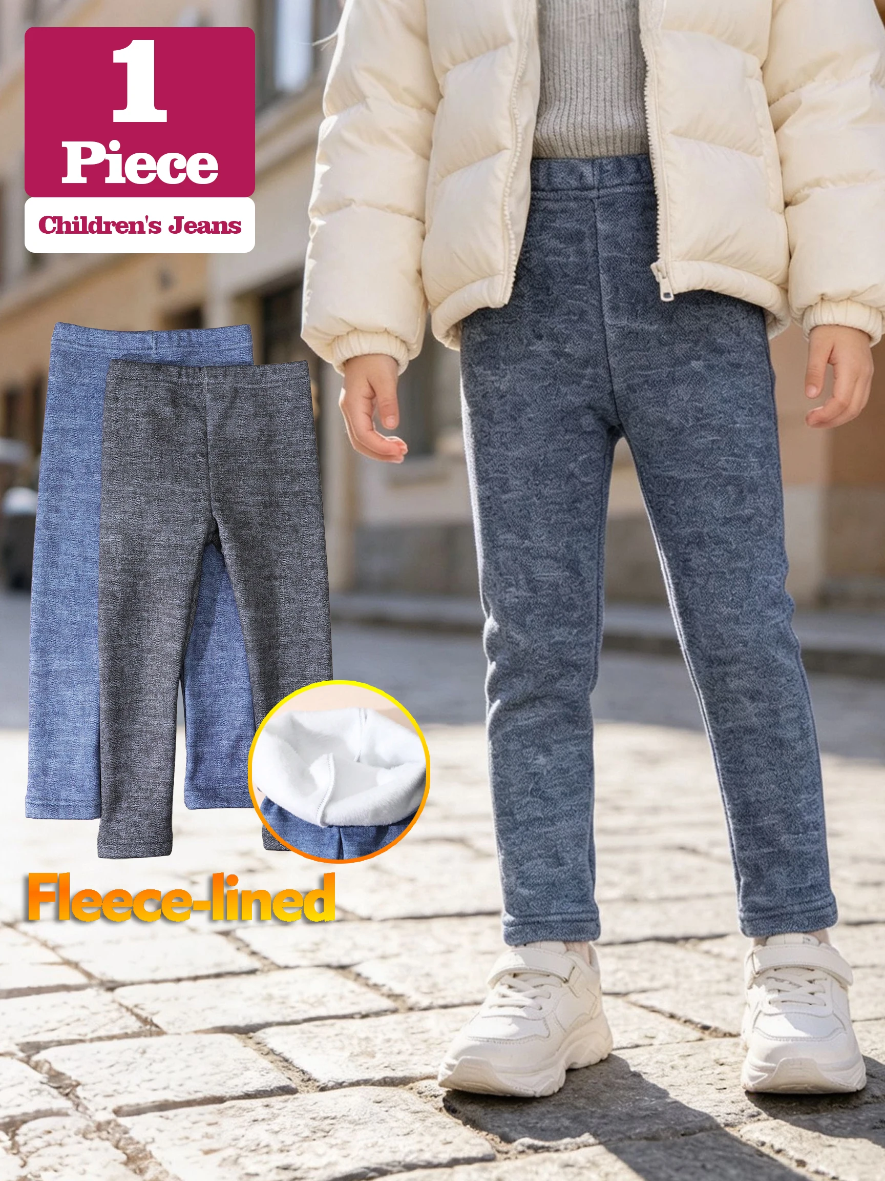1 Piece Kids Imitation Denim Pants Winter Thick Warm Elastic Waist Skinny Long Trousers for 2‑10Y Children Daily Outdoor Wear