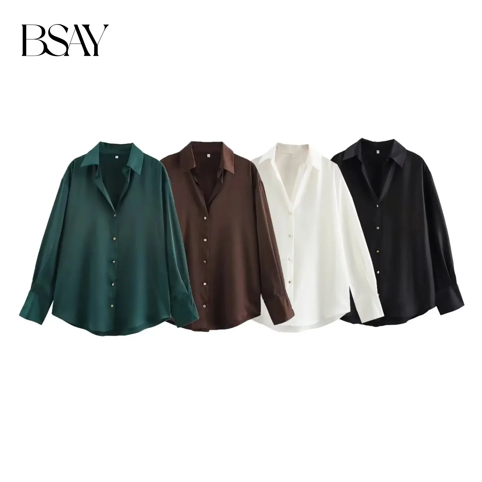 

BSAY Shirt for Women Fashion Autumn Winter New Solid Satin Texture Long Sleeved Single Breasted Lapel Blouse Chic Ladies Top