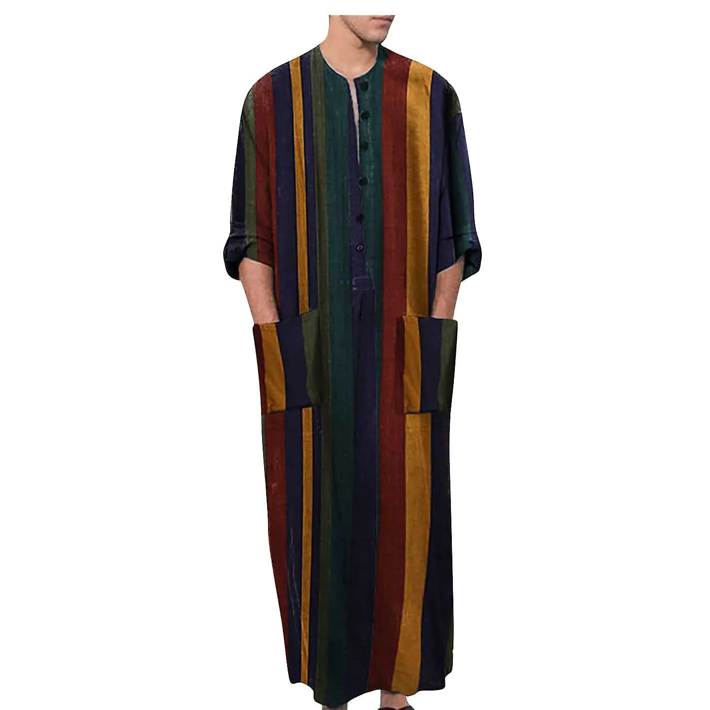 Men\'S Muslim Robe Long Sleeve Cotton Striped Robes Summer Islamic Arabian Kaftan Suit Middle East Dubai Abaya Retro Clothing