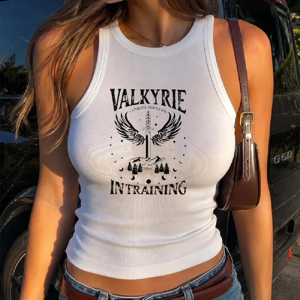 Valkyrie in Training Wing Sword Mountain Graphic Ribbed Crop Tank Women Sarah J Maas Book Lover Sleeveless Reader Tank Y2k Top
