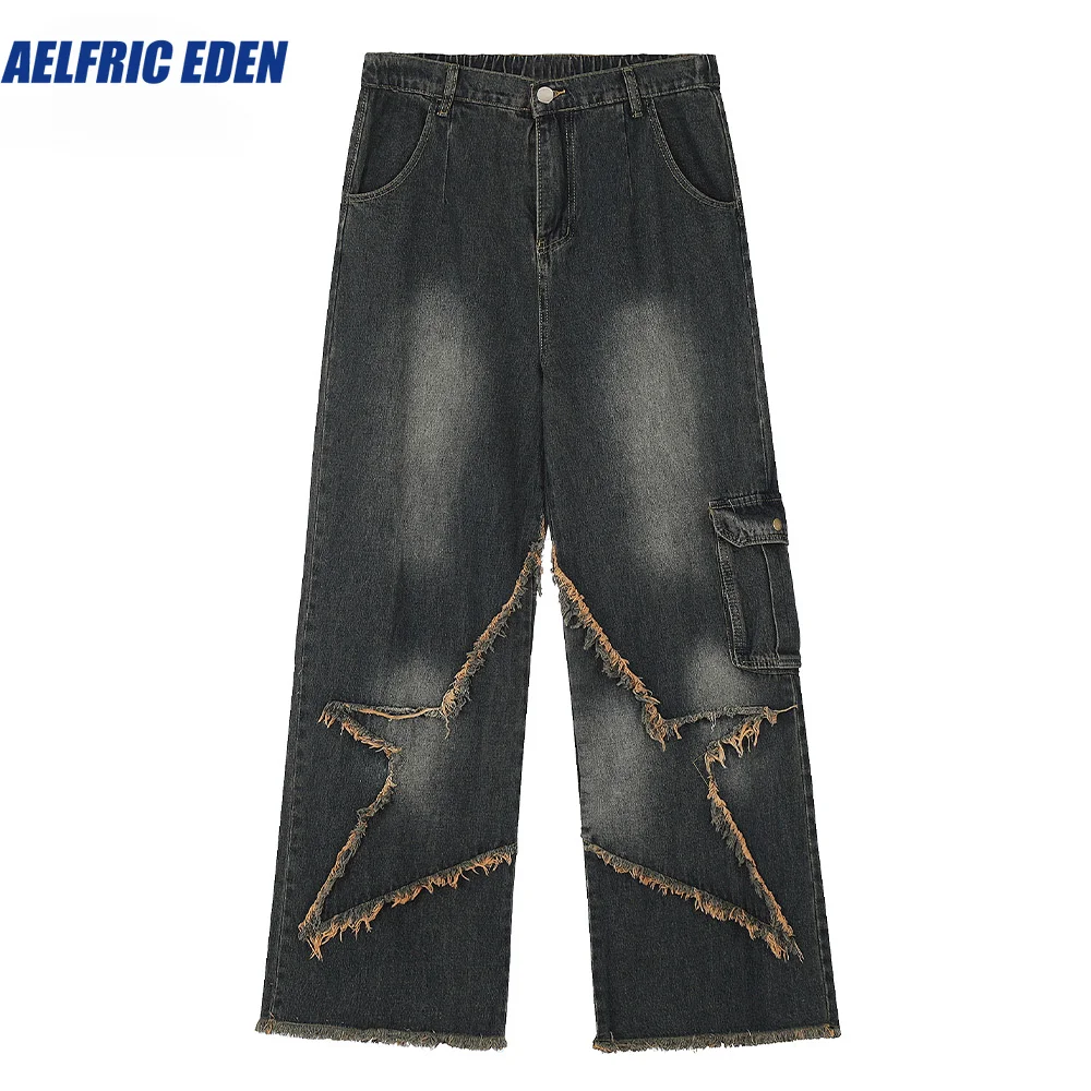 Aelfric Eden Vintage Washed Men Jeans Star Embroidery Harajuku Straight Pants Hip Hop High Street Black Oversized Denim Trousers