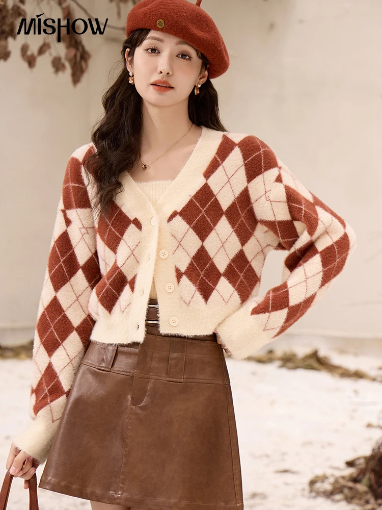 

MISHOW Rhombus Knitted Sweater Jacket Women Vintage V-neck Cardigan Knit Tank Tops Autumn Winter New Two Piece Set MXC58Z0480