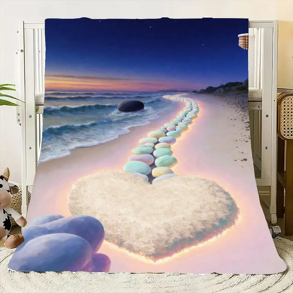 Cetakan Seni Pemandangan Pantai Senja yang Menawan - Gelombang Laut Surreal dengan Jalur Batu Pastel yang Bercahaya, Formasi Berbulu Berbentuk Hati & Putih