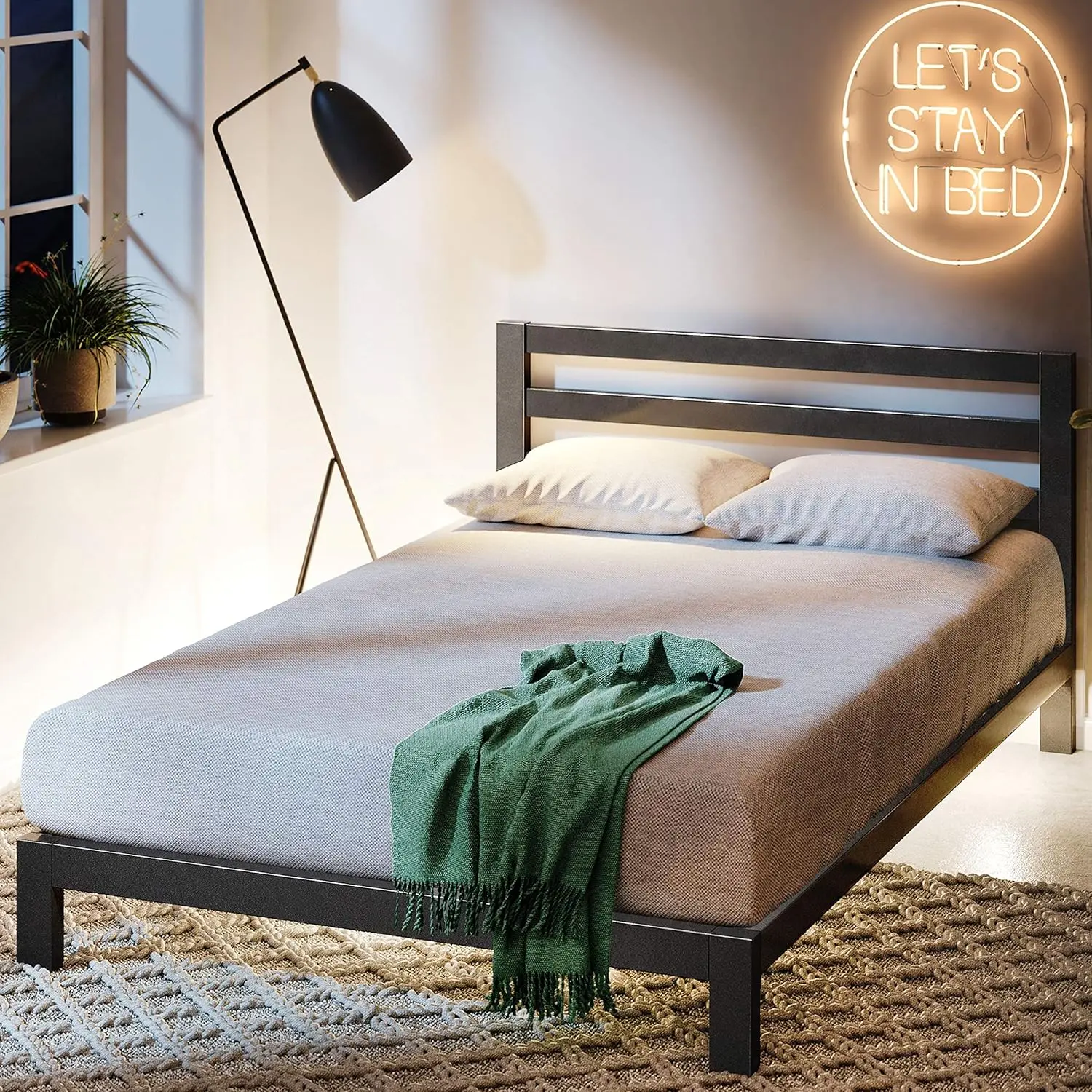 Queen Metal Platform Bed Frame with Headboard, Wood Slat Support, Easy Assembly, No Box Spring Needed