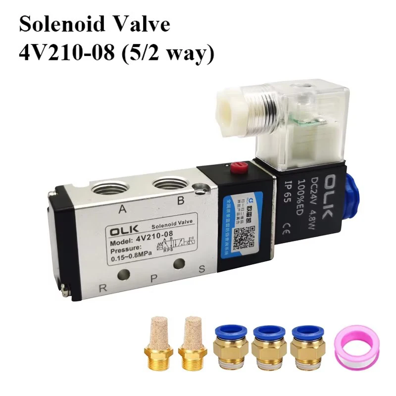 4V210-08 Air Control Valve 5 Port 2 Position 5/2 Way DC12V 24V AC110V 220V Pneumatic Solenoid Valve With Fitting Connector