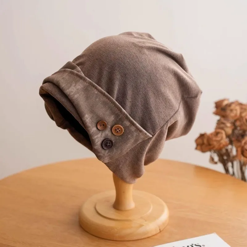 Fashion Versatile Splicing Button Baotou Cold Hat Men's and Women's Autumnand Winter AdvancedSense ShowFace Small Pile Hat Trend