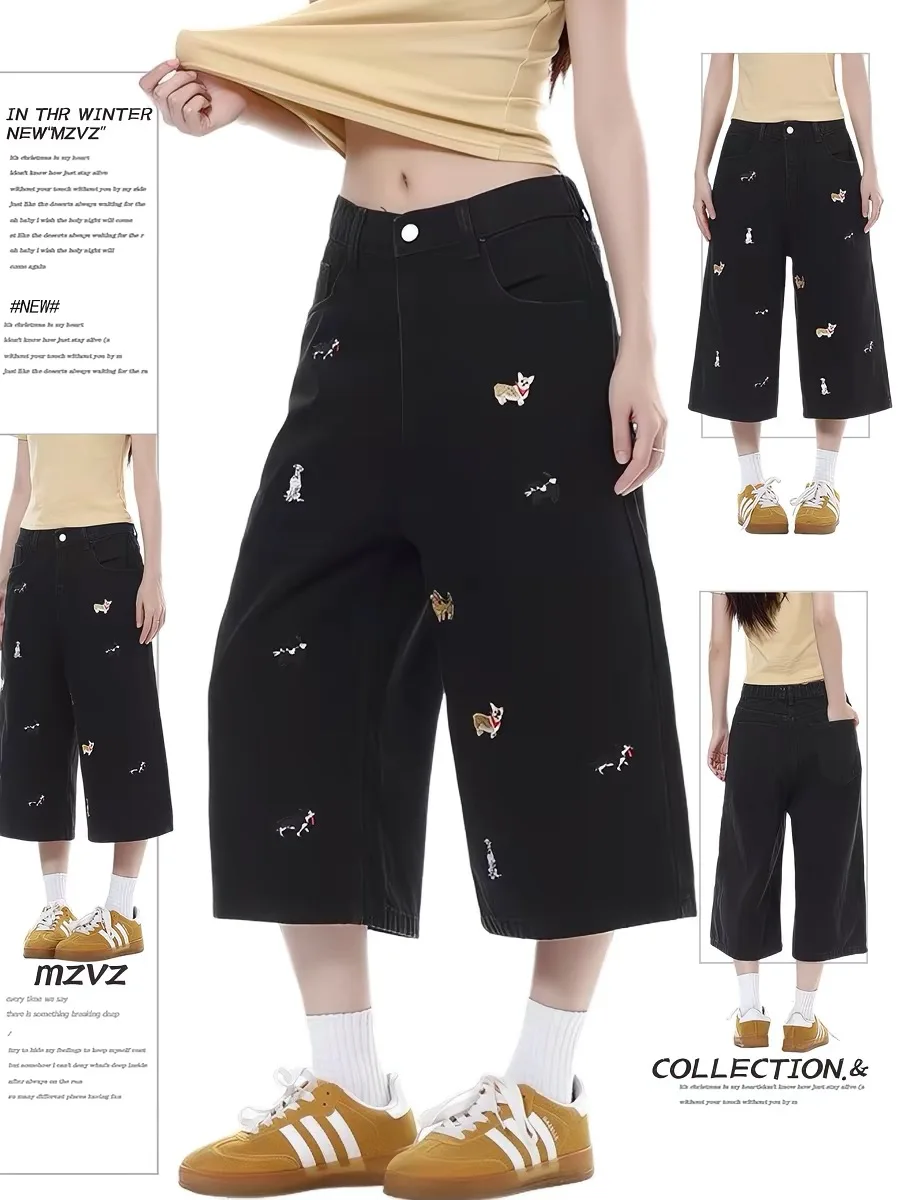 

Black Fun Embroidered Straight Leg Jeans Women's Summer Large Size Draping Slimming American Wide Leg Seven-Five Pants