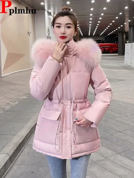 Image Winter Slim Pink Padded Coat Faux Fur Collar Hooded Parkas Korean Big Size Cotton Jaqueta Waist Drawstring Midi Lenght Jackets