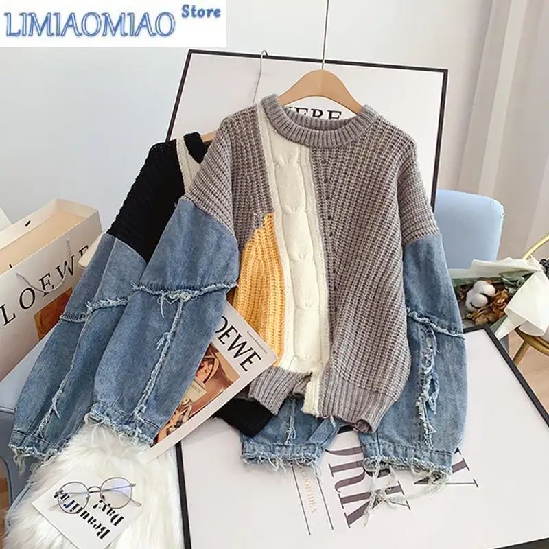 

New Round Neck Long Sleeve Denim Frayed Patchwork Mohair Knitted Women Sweater Winter Vintage Loose Pullover Female Jumpers