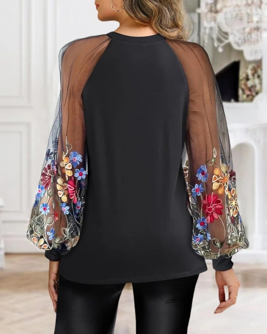 Bluse mit Rundhalsausschnitt und plissierter Vorderseite, 3D-Blumenmuster, langärmelig, mit gerafften Manschetten, elegant, für den Alltag, Partys, süß, lässig, Oberteil – Detail 24
