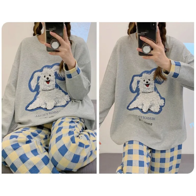 Women Pajamas Spring Female Long Sleeve Korean Style Cartoon Bear Waffle Cotton Homewear Suit Loose Casual Sleepwear Set 2024