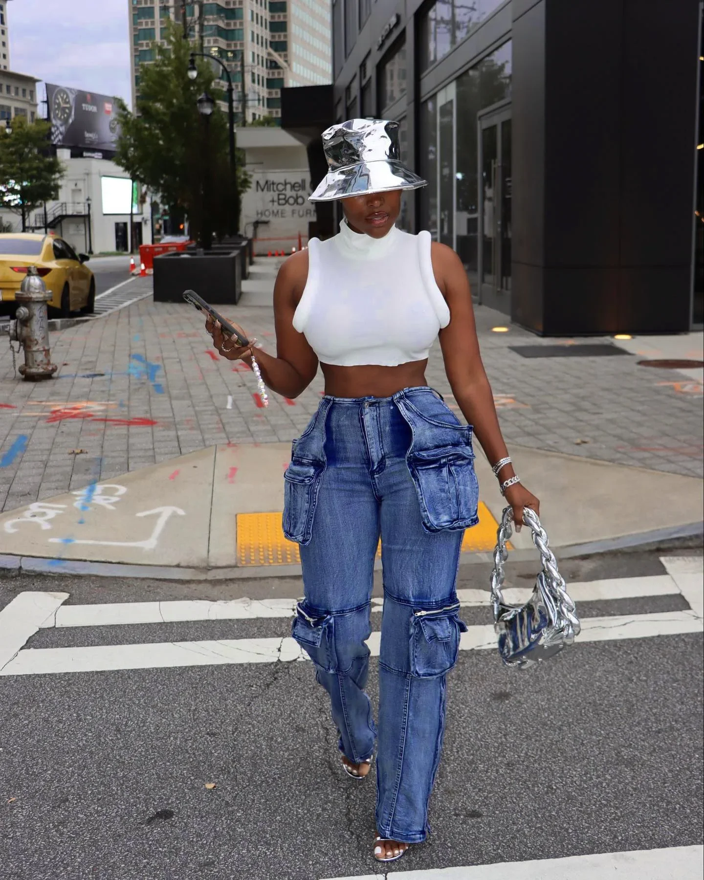 Imagem -02 - Calça Jeans Lavada com Bolsos para Mulheres Cintura Alta Jeans Direto Streetwear Chique Roupas de Fundo Novo Primavera 2023