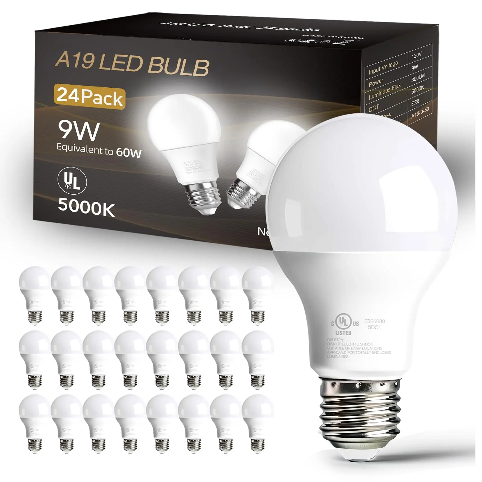 

24-Pack A19 LED Light Bulb, Energy-Efficient Blub,E26 Medium Base, Non-Dimmable,Non-flickerno LED Light Bulb，UL Listed