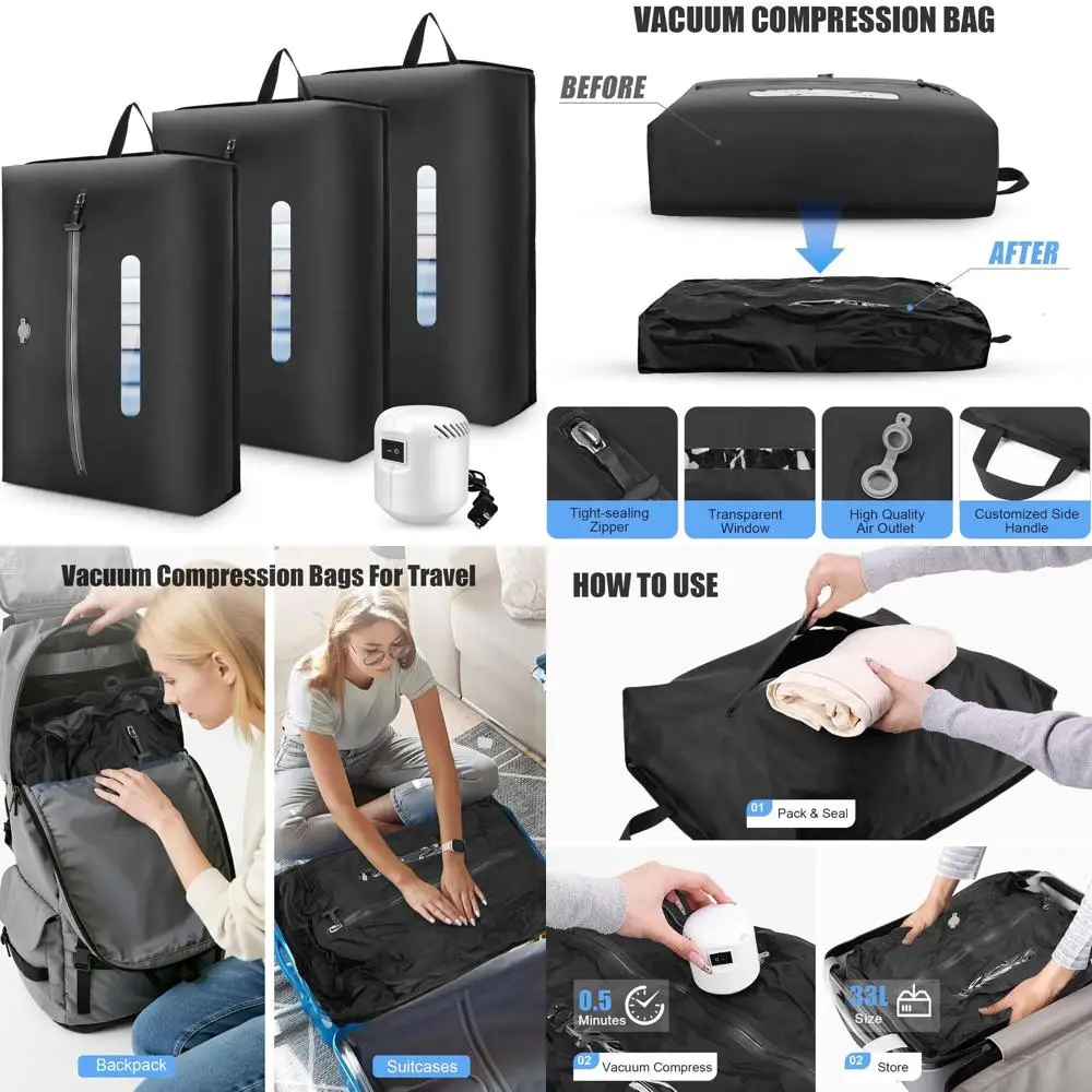

Вакуумные пакеты для путешествий, 33 л, водонепроницаемые, многоразовые компрессионные пакеты с насосом, экономия места для багажа и рюкзаков