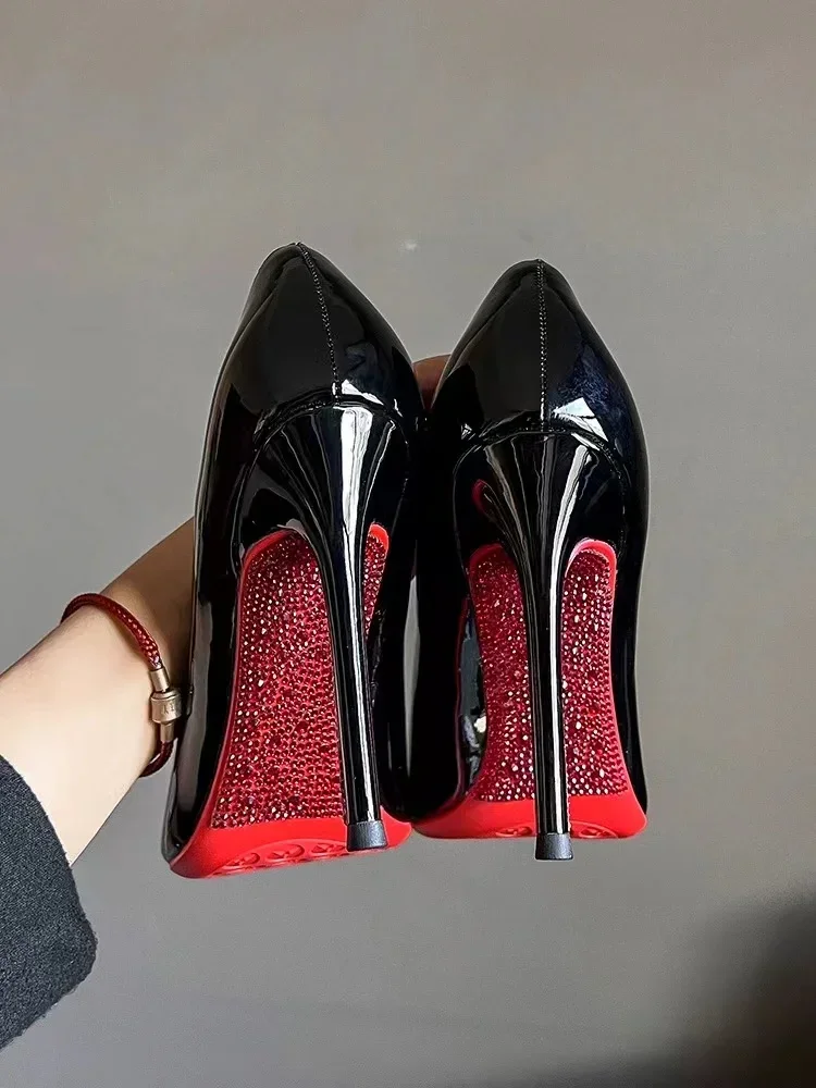 Rhinestone High Heels Women's Slim Heels New Stunning and Sexy Wedding Shoes Black Patent Leather Pointed Single Shoes 43