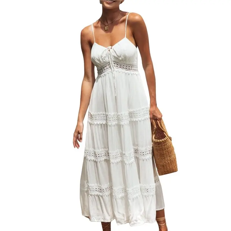 

Women's Boho Crochet Lace Maxi Dress Solid Color Summer Vacation Spaghetti Strap Long Dress-A74P