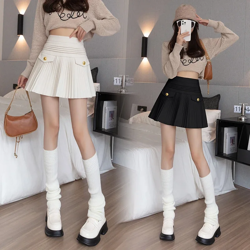 

Preppy Style White Woolen Pleated A Line Mini Skirts Women New Autumn High Waist Pocket Stitching Dance Sweet Skirt