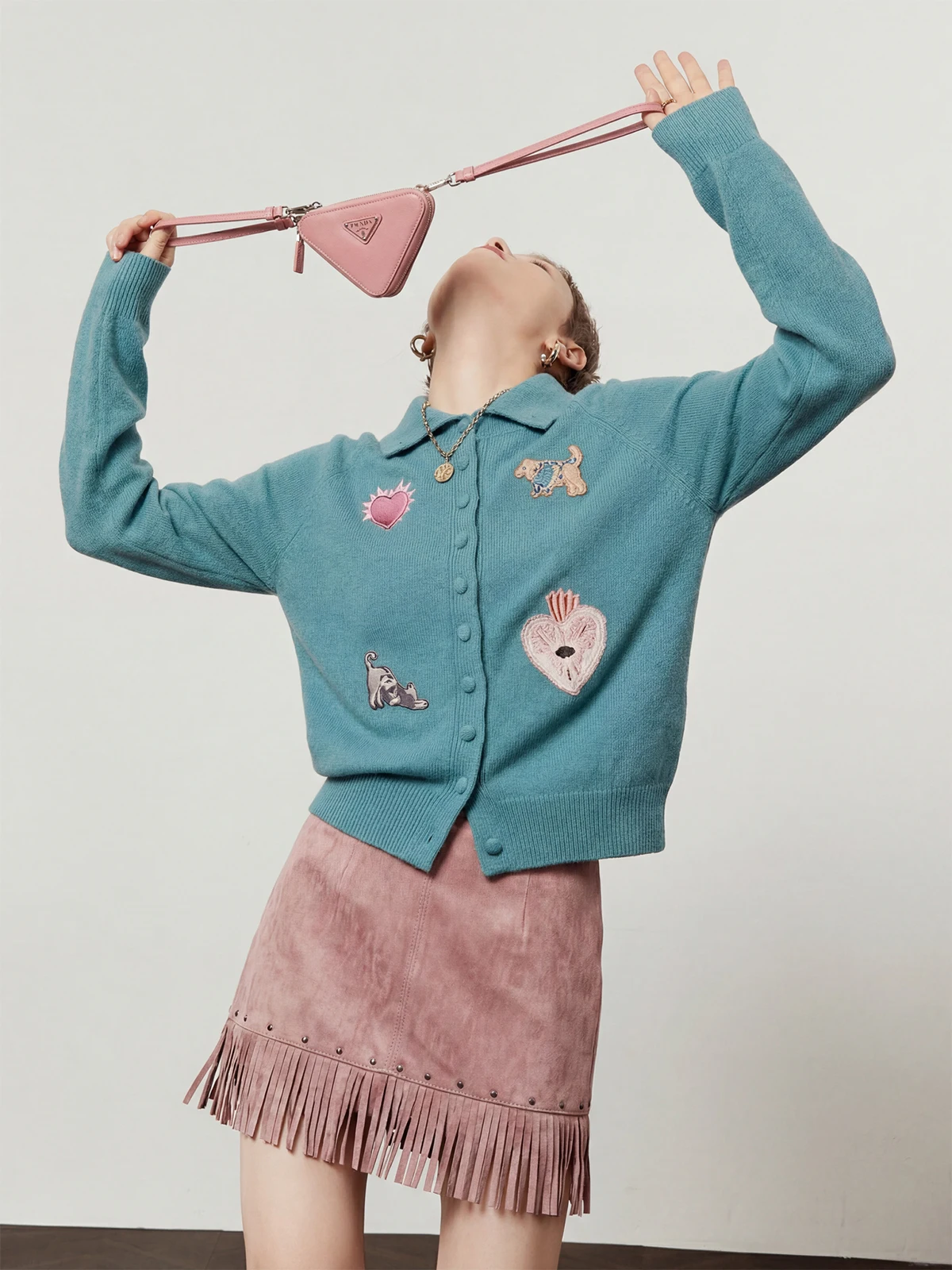 

Loose Women's Knitted Sweater Embroidered Heart Yellow Design Peaco Blue Color Spring 2026 New Arrival by Zhou Li Wu