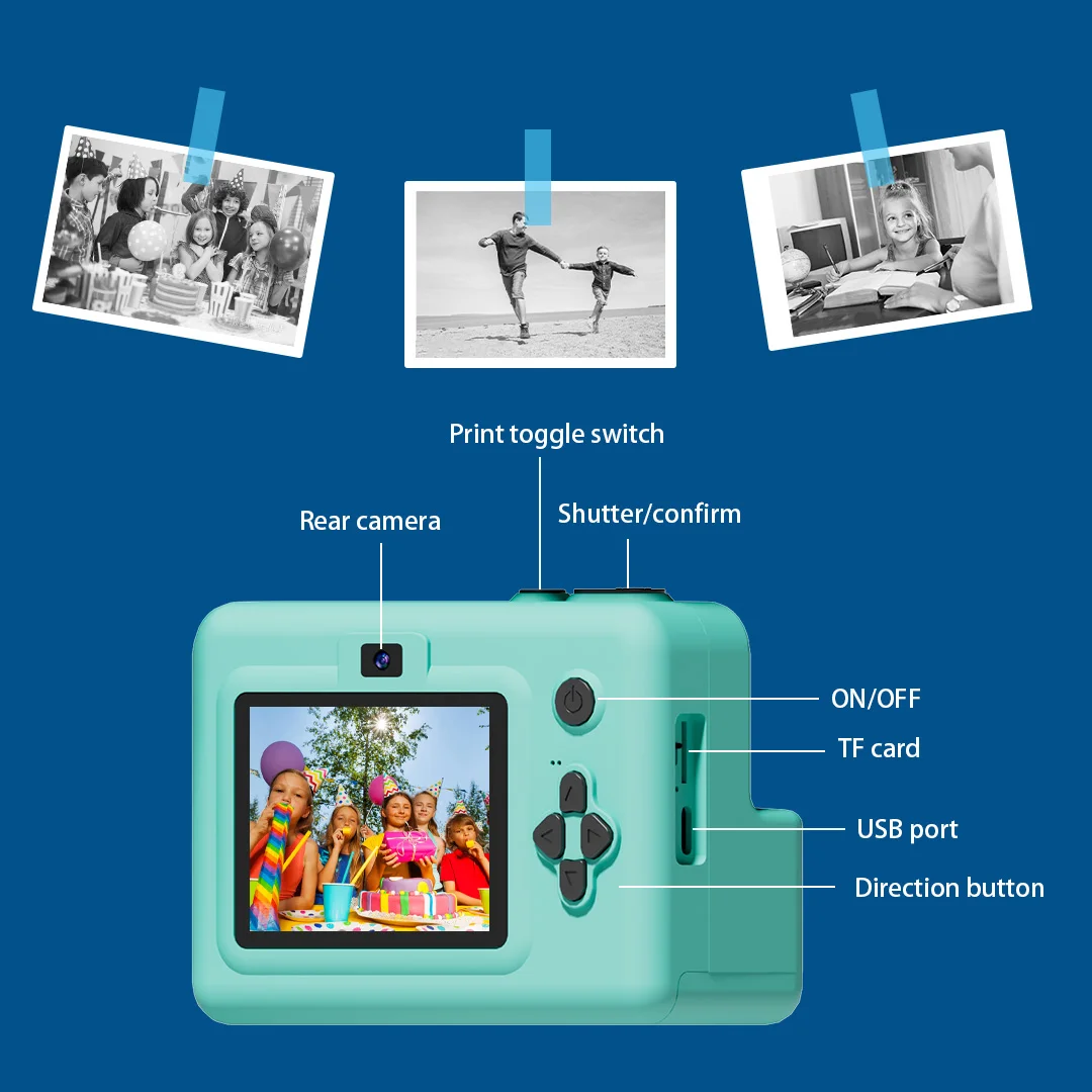 Fotocamera con stampa istantanea per bambini, giochi con foto, video, musica e puzzle, filtri | flash | doppie telecamere | Ricarica USB | regalo per ragazzi e ragazze 4+