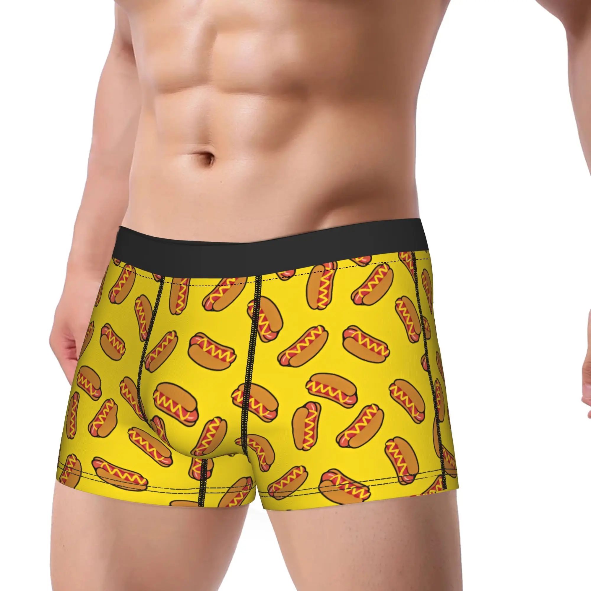 Yellow Background Hot Dog Seamless Repeat Pattern Underwear  Novelty Underpants Custom Boxer Brief For Males Pouch  Boxershorts