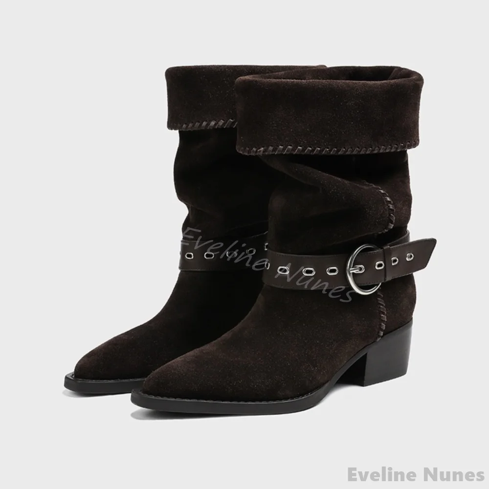 

Winter Retro Pointed Toe Travel Boots Women Chunky Heel Belt Buckle Slip On Western Cowboy Boots Turned-Over Edge Biker Boots
