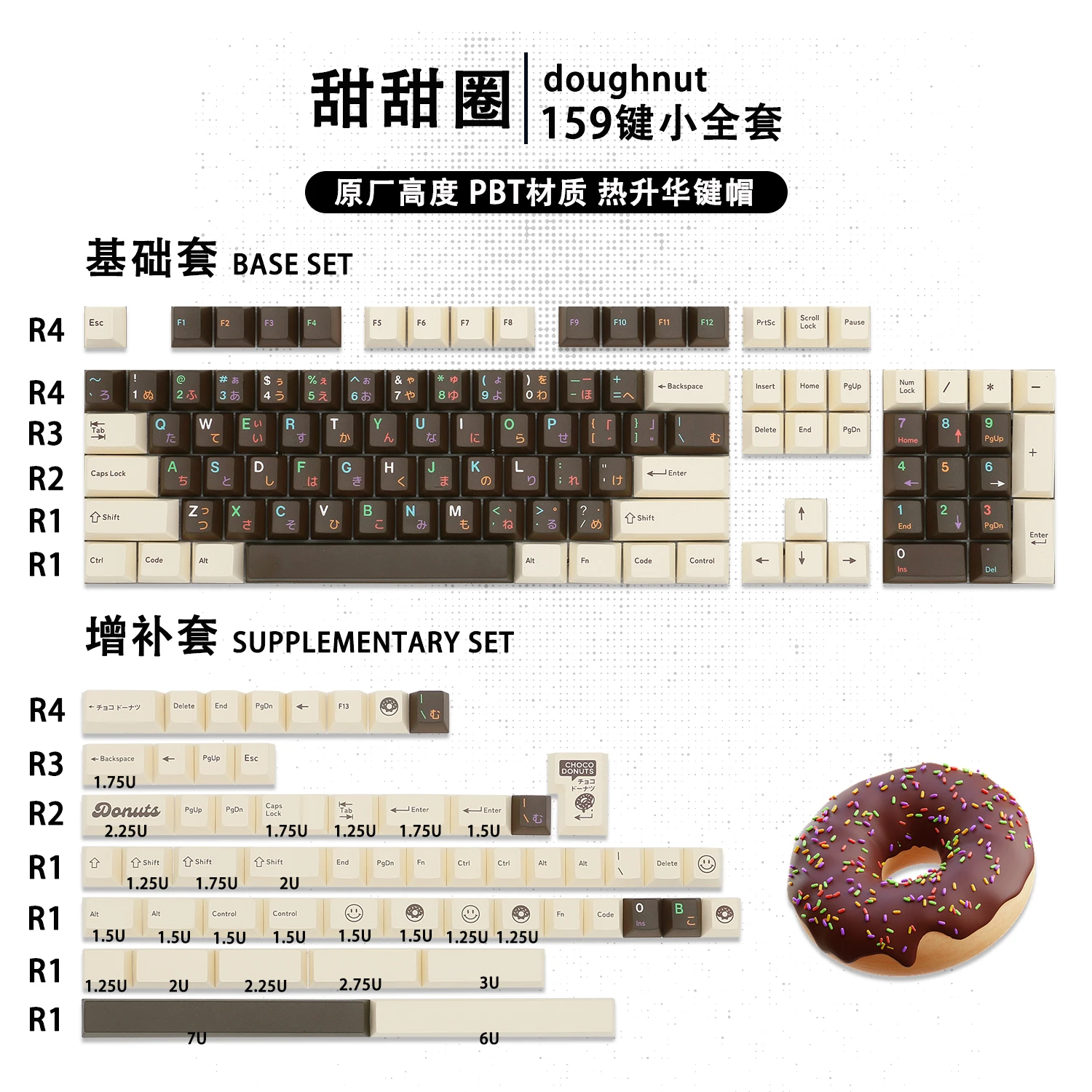 159-Keys Chocolate Donut Keycap Dmk Brown Coffee Keycap Cherry Pbt Sublimation Diy Mechanical Keyboard Keycaps With ISO