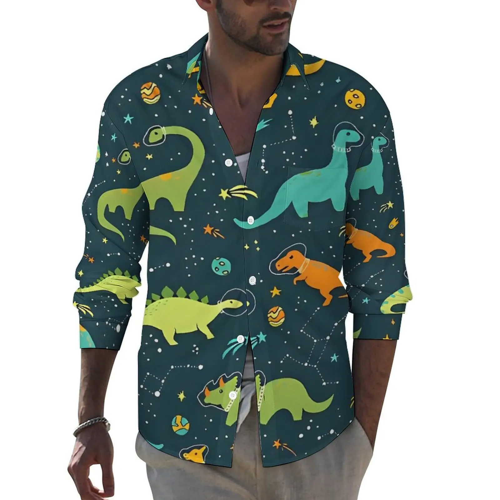 Dinosaurs Space Shirt Male Cartoon Animal Casual Shirts Spring Harajuku Graphic Blouses Long Sleeve Oversize Top Birthday Gift