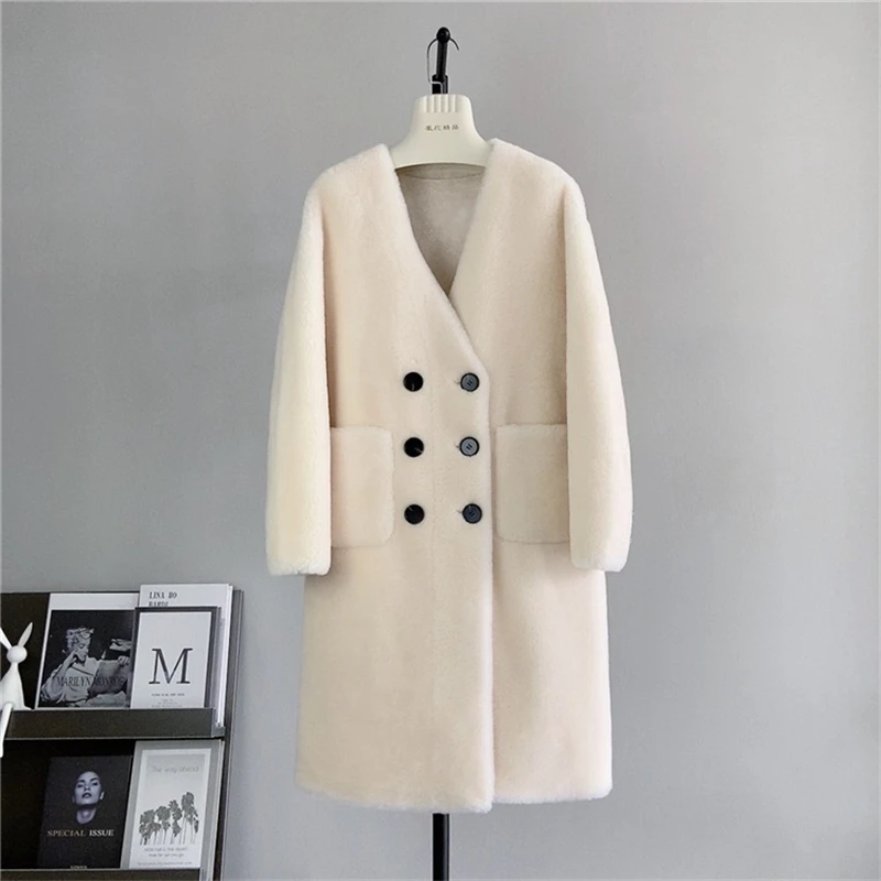 2024 New Sheep Shearling Double-breasted Warm Coat Female Lamb\'s Wool Winter Long Jacket Parka PT494