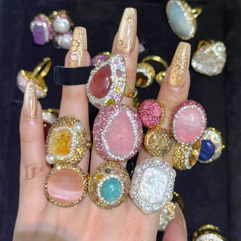 Fingerringe mit natürlichen Amethyst-Süßwasserperlen, handgefertigt, Strass-Quarz, Sudan-Stein, Schmuck für Frauen, Mix-Design, Edelstein