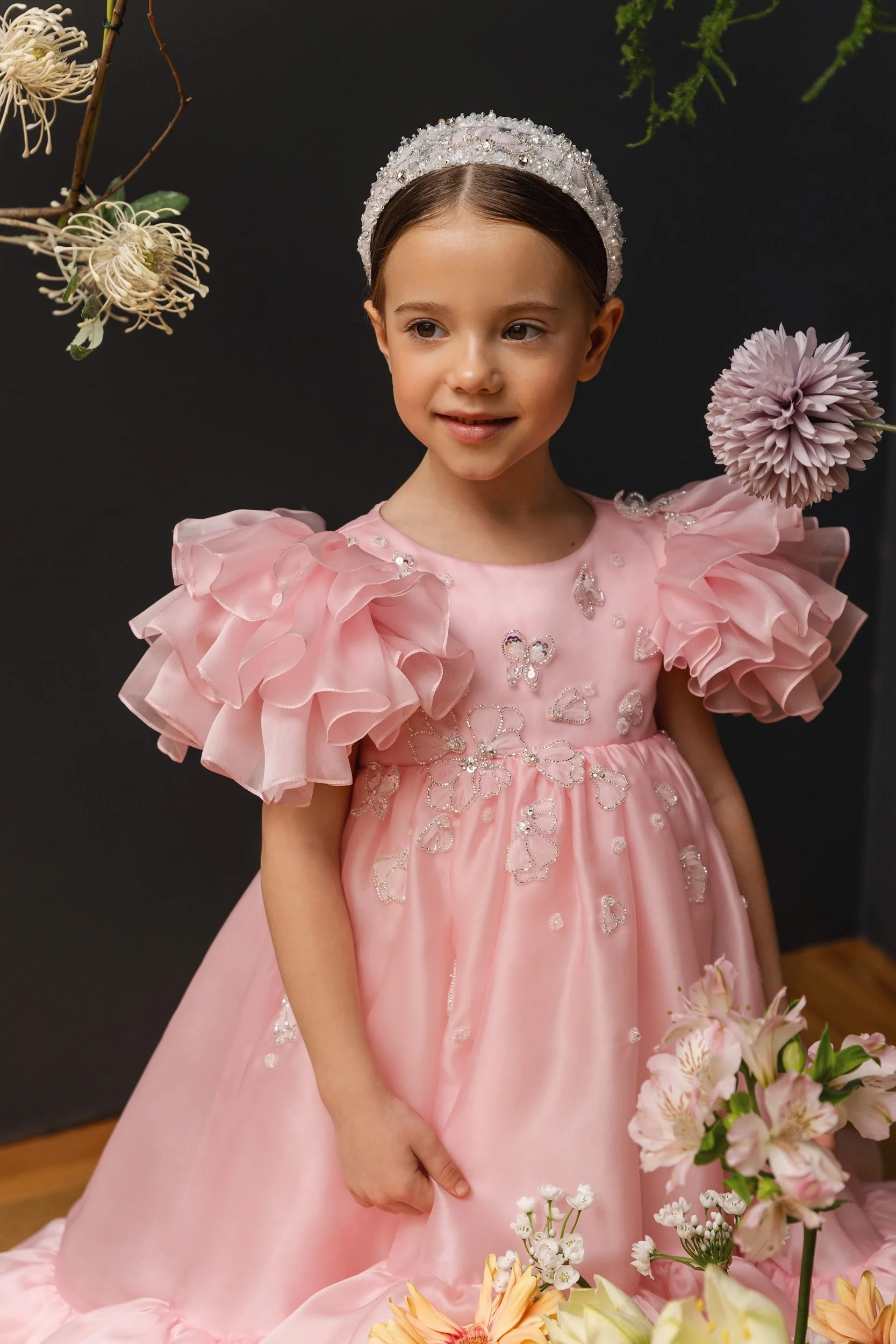 Rosa babados vestidos da menina de flor para o casamento personalizado alta baixa princesa vestidos festa aniversário da menina primeira comunhão vestido