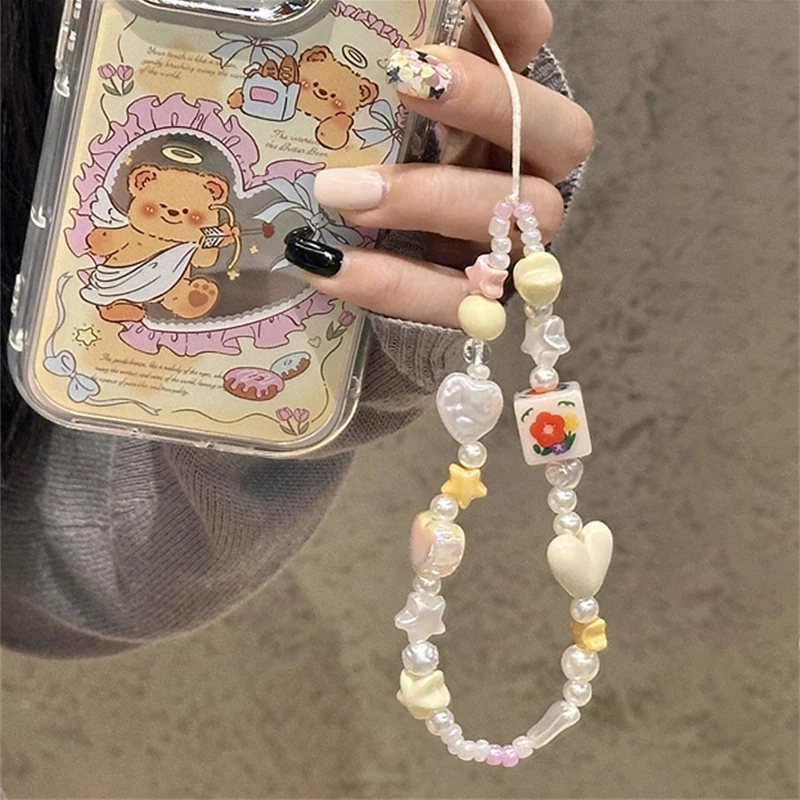 

Korean Cute Yellow Heart Flower Beaded Phone Chain Charm Lanyard For iPhone CCD Anti-Loss Keychain Bag Hanging Jewelry Pendant