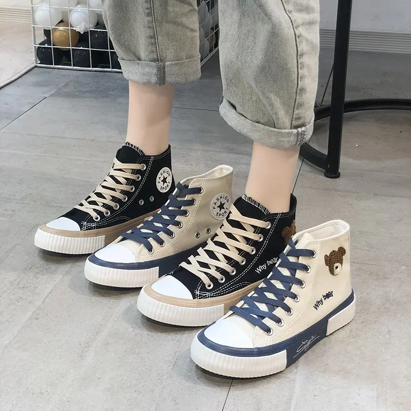 Woman Sneakers High-top Casual Flat Canvas Shoes Woman Designer Shoes Spring Autumn Bear Lace Up Sneakers Woman Zapatos De Mujer