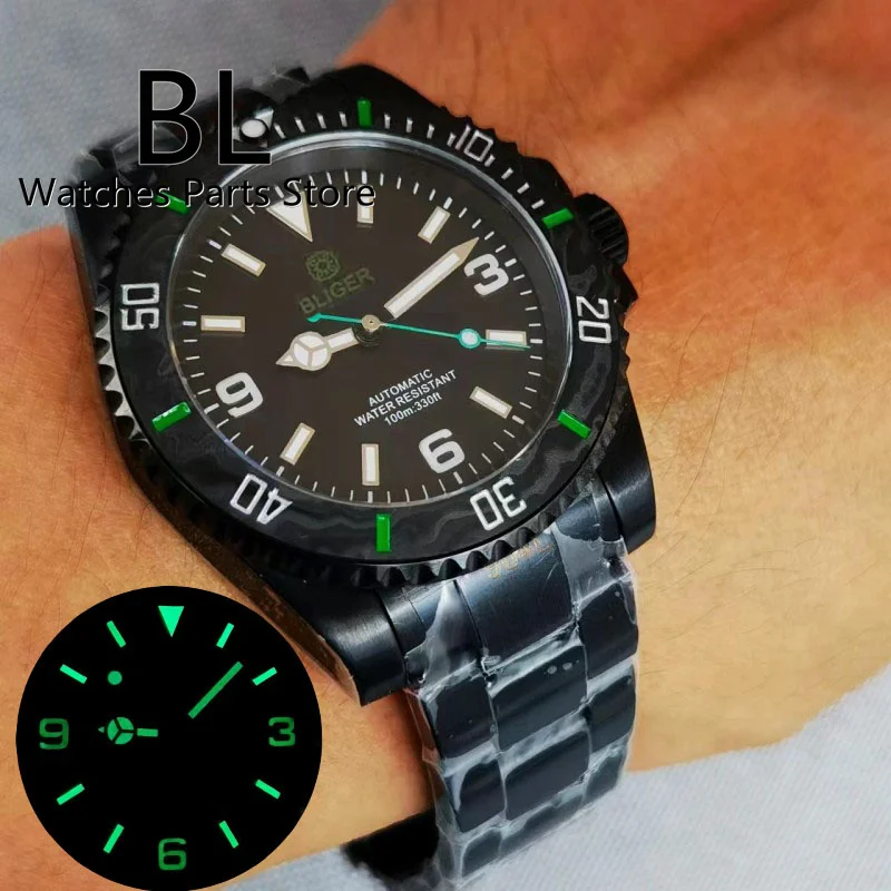 BLIGER 40mm Full Black PVD Case NH35 Mechanical Watch For Men Carbon Fiber Bezel Sapphire Glass Green Second Hand With Luminous