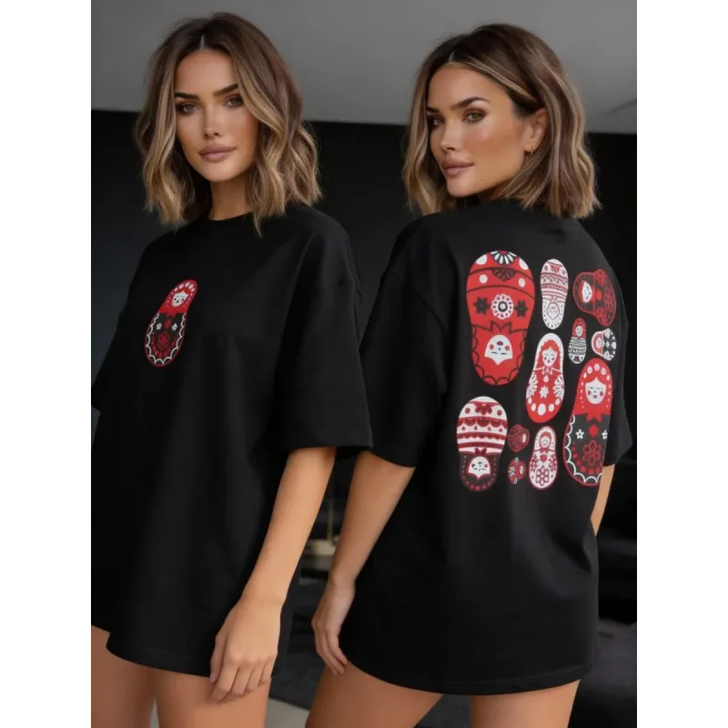 Matryoshka Doll Print Oversized T-Shirt Russian Nesting Dolls Black Cotton Tee Sweet Cute Cartoon Graphic Tee Summer Streetwear