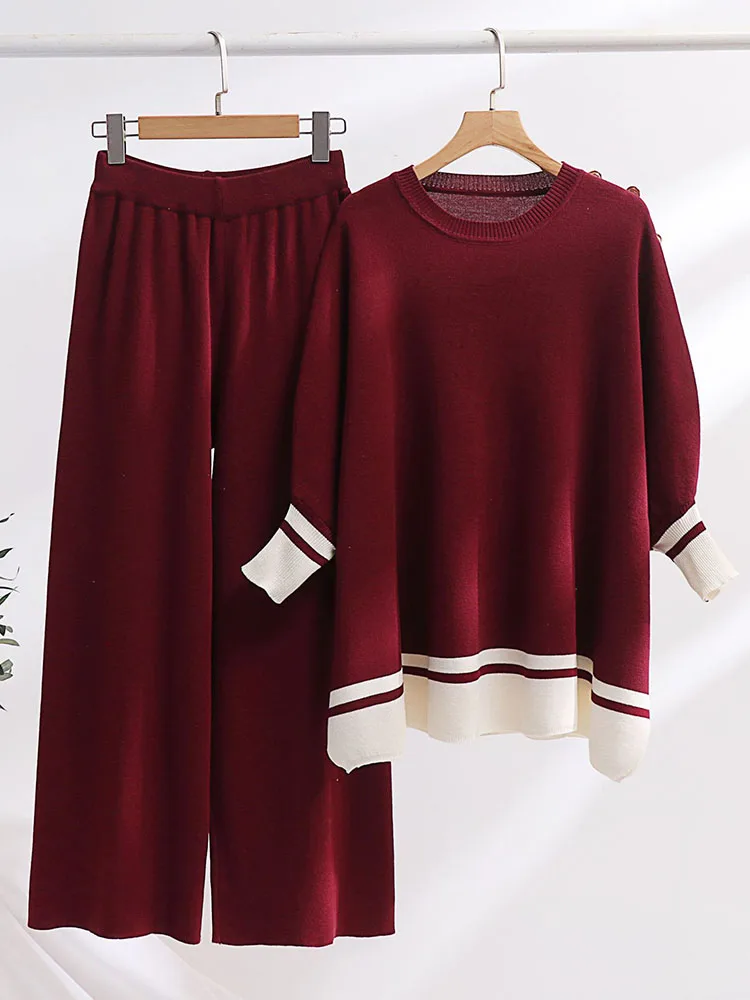 Korean Design Knitted 2 Piece Sets Women O-neck Knitwears Long Sleeve Pullover Tops Suits Casual High Waist Sweatpants Outfit