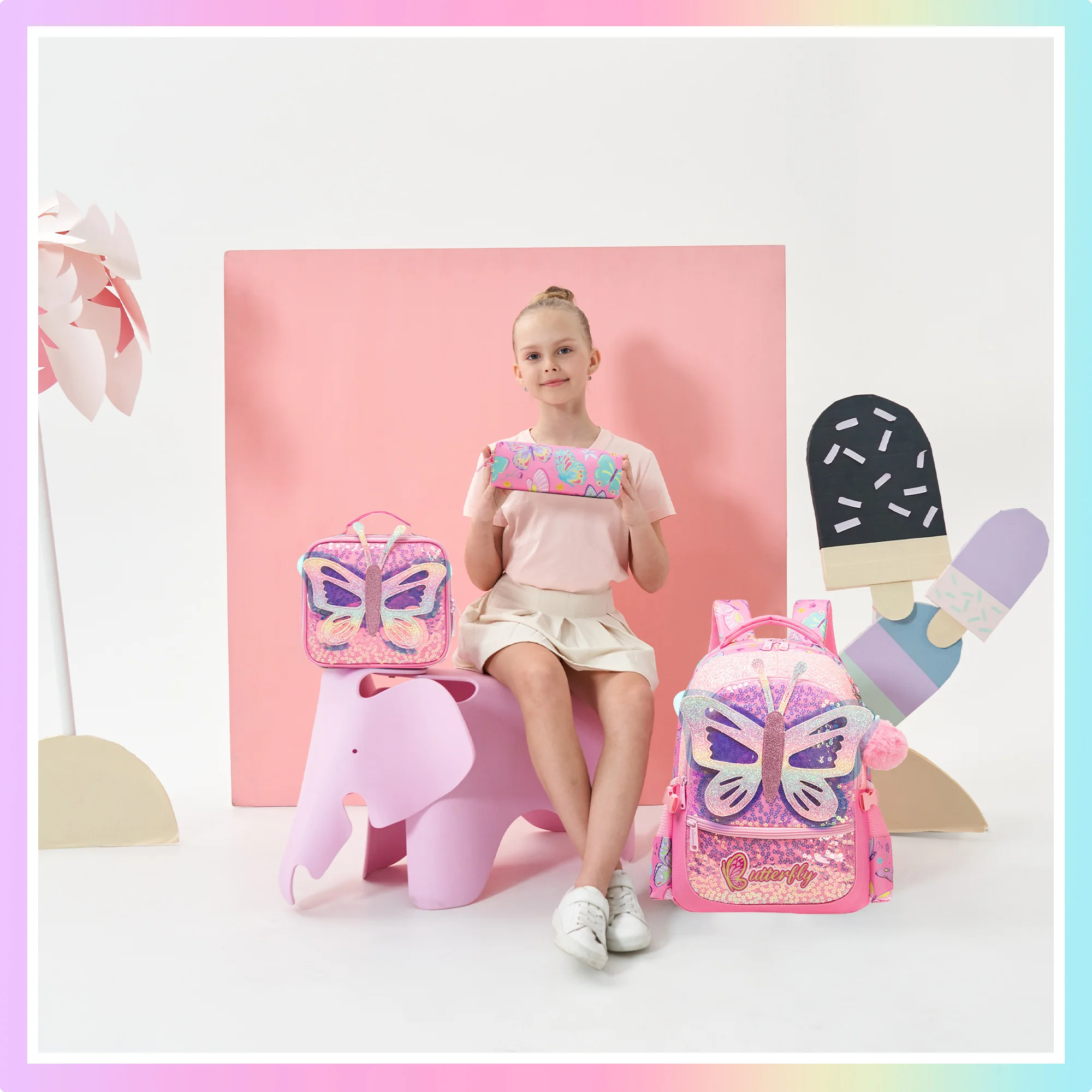 กระเป๋าเป้เด็กใหม่ที่ทันสมัยและน่ารักที่มีความจุขนาดใหญ่และน้ําหนักเบาพร้อมถุงอาหารกลางวัน กล่องดินสอ เหมาะสําหรับโรงเรียน