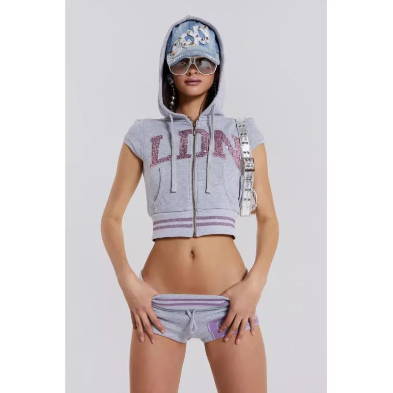 

Summer Sexy Retro ey Hoodie ort Sve Ultra-ort orts Set Women's Faionable Zipper Low Waist Letter Pattern