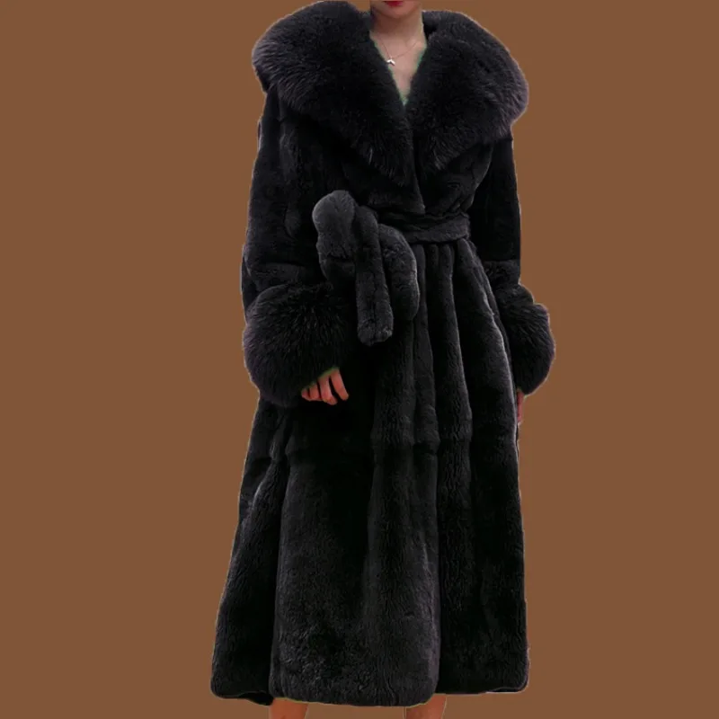 Women New Trend Warm Winter Long Fur Coat Lapel Thicken Faux Fur Trench Coat Luxury Brand Belt Fur Jacker Loose Design Overcoat