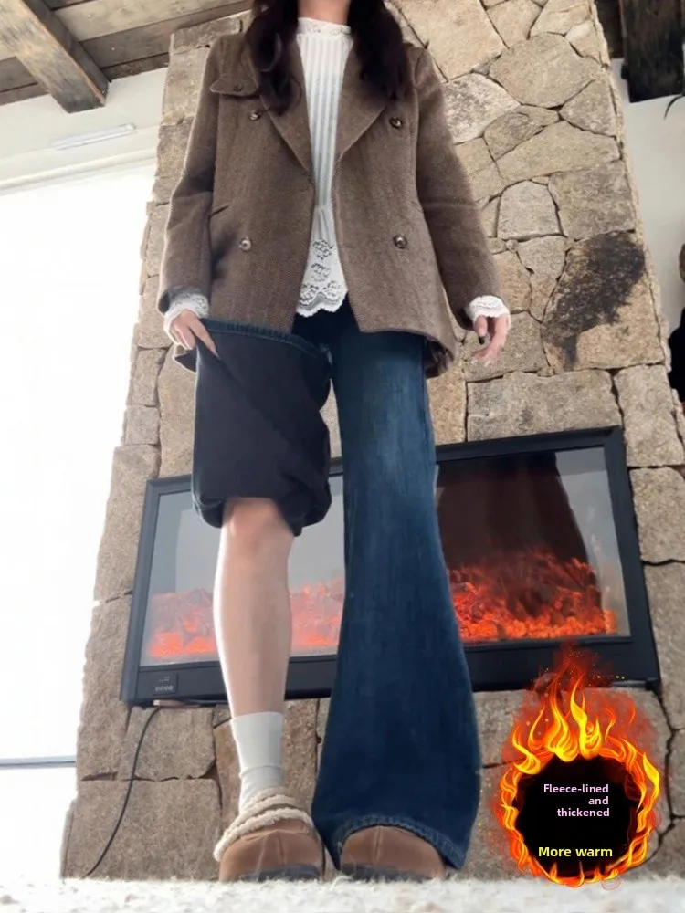 

plus Size American Style Fleece Lined Denim Jeans Women's Autumn Winter Loose High Waist Elastic Slim Straight Leg Wide Leg M...