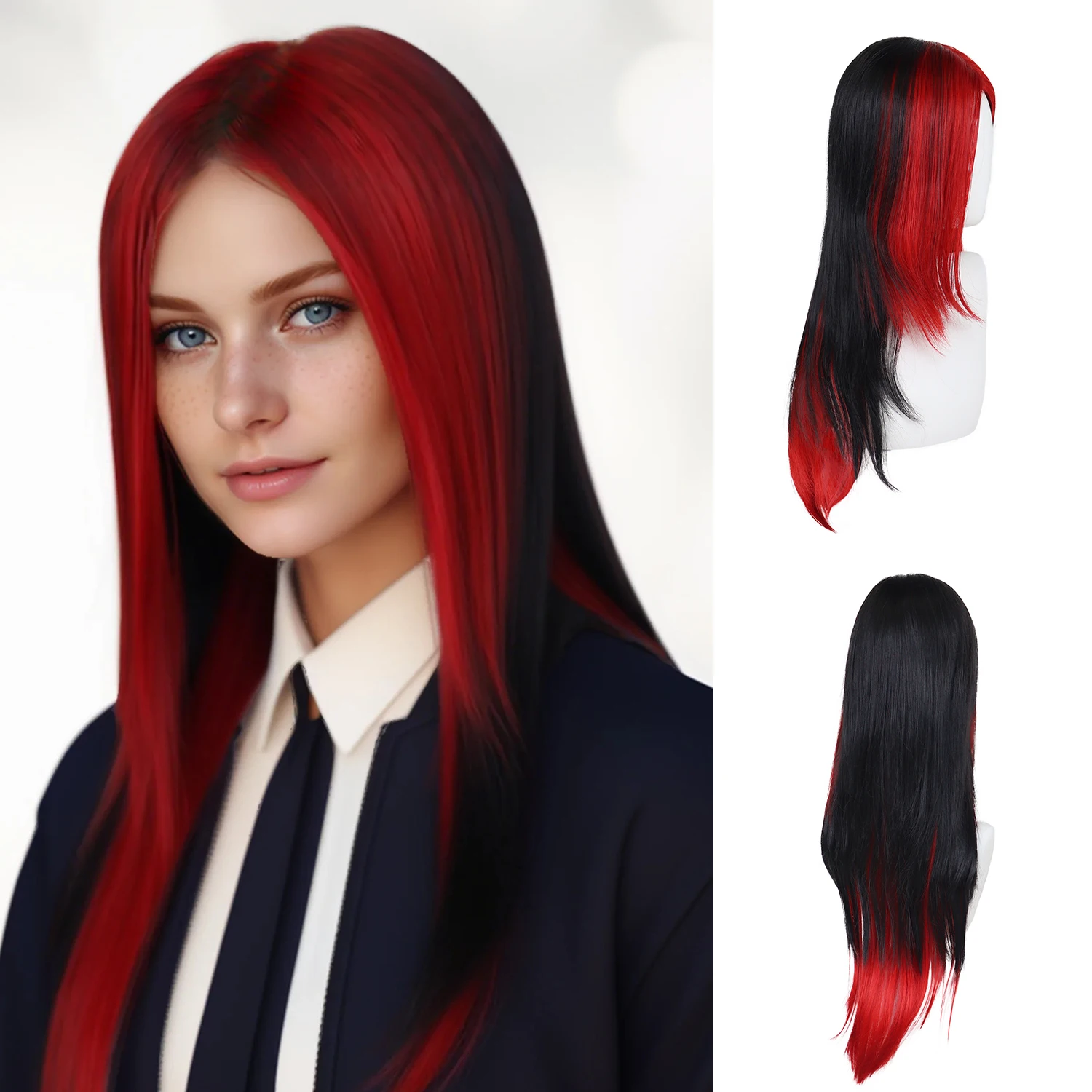 

Длинный красный и черный парик из синтетических волос для женщин, шелковистый прямой термостойкий парик с боковой челкой, костюм на Хэллоуин, парики для косплея