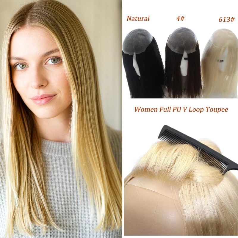 Breathable 0.08mm Thin Skin Human Hair Women Hairpieces PU Base 7x9 16inch Hand-Tied Ready Stock 72H Delivery Color 1B #4 #613