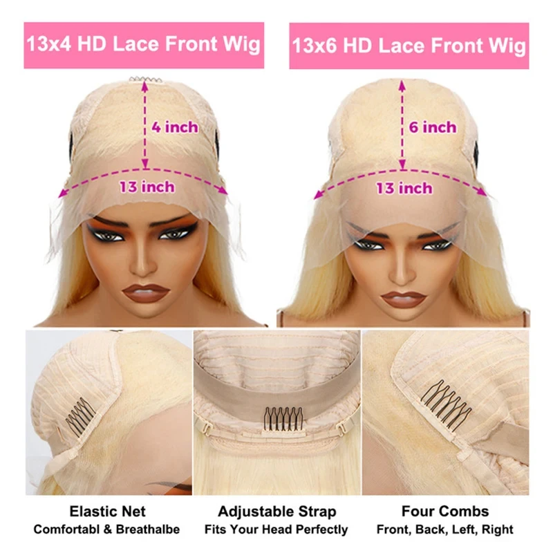 Honey Blonde Transparente Lace Front Wig para Mulheres, Perucas de Cabelo Humano, Brasileiro, Onda Corporal, Colorido, HD Lace Frontal Wig, 613, 13x6, 220%, 13x4