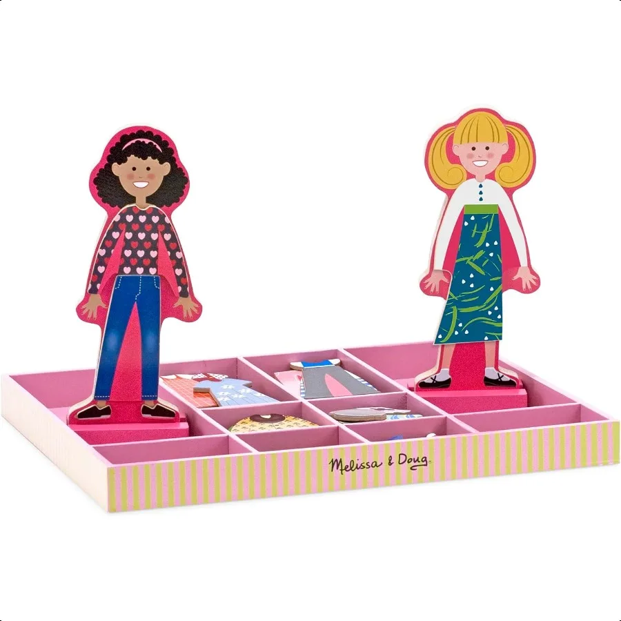 Melissa Doug Abby and Emma Magnetic Wooden DrUp Dolls Play Set 55+ Pieces Magnetic Dolls Pretend Play Preschool Toys for 3+