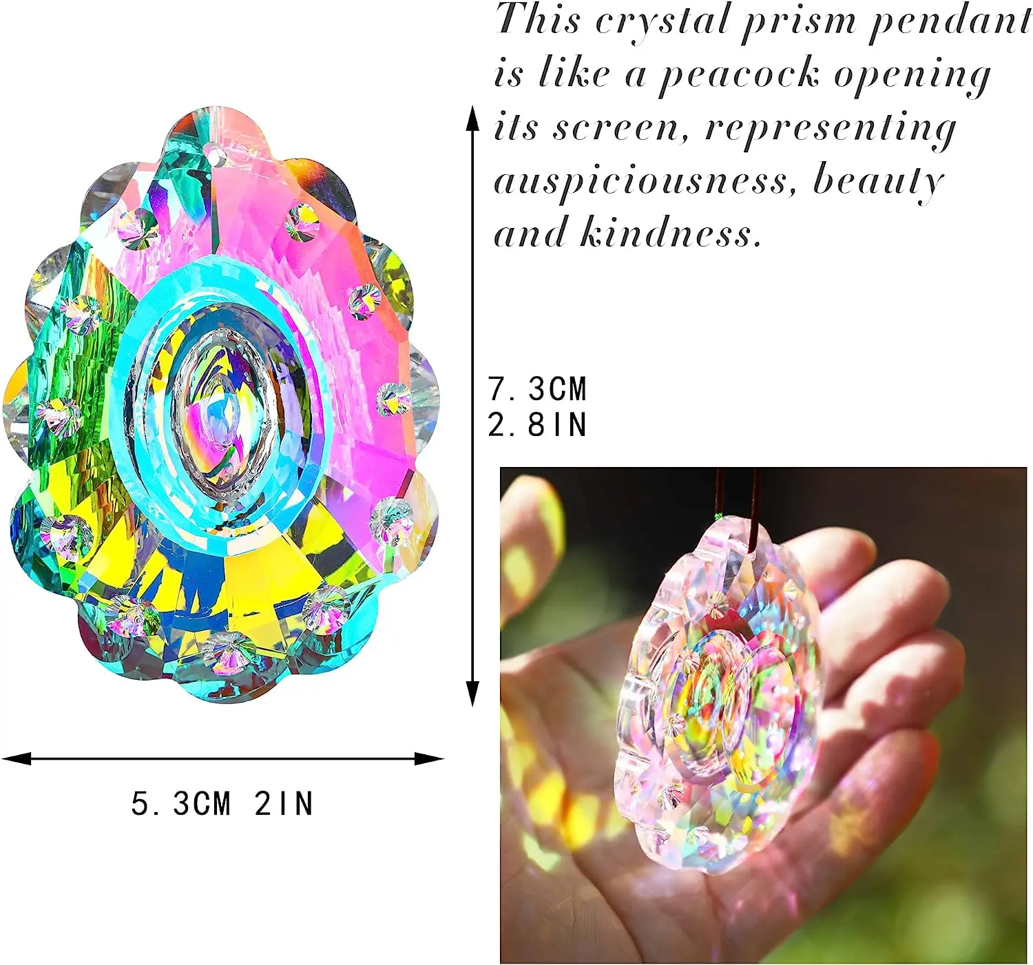 H&D 76mm Colorful Crystal Peacock Prism Suncatcher Crystal Glass Prism Pendant DIY Accessories Christmas Tree Ornament