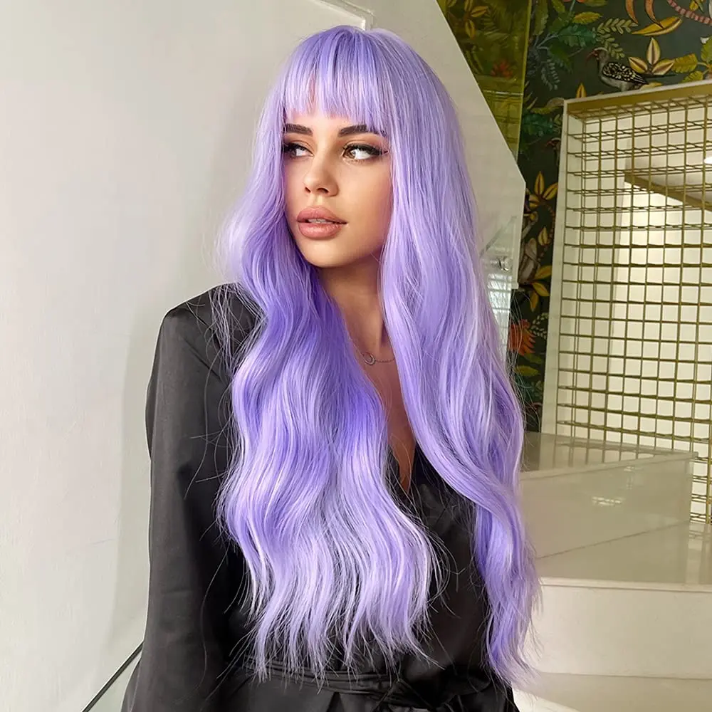 26inch Purple Synthetic Wig with a Center Parting and Big Waves with Bangs, Suitable for Festivals, Parties, and Daily Use