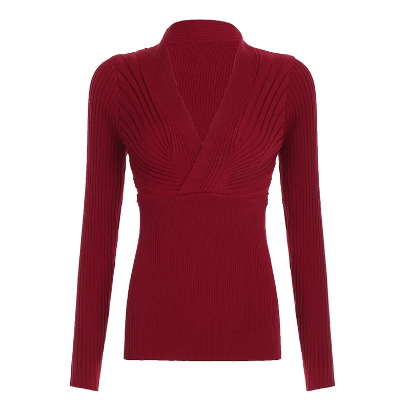 سترة أمريكية أنيقة ومثيرة بلون سادة ورقبة على شكل حرف V وتصميم متقاطع بقصة ضيقة ومزاج بسيط للاستخدام اليومي للنساء