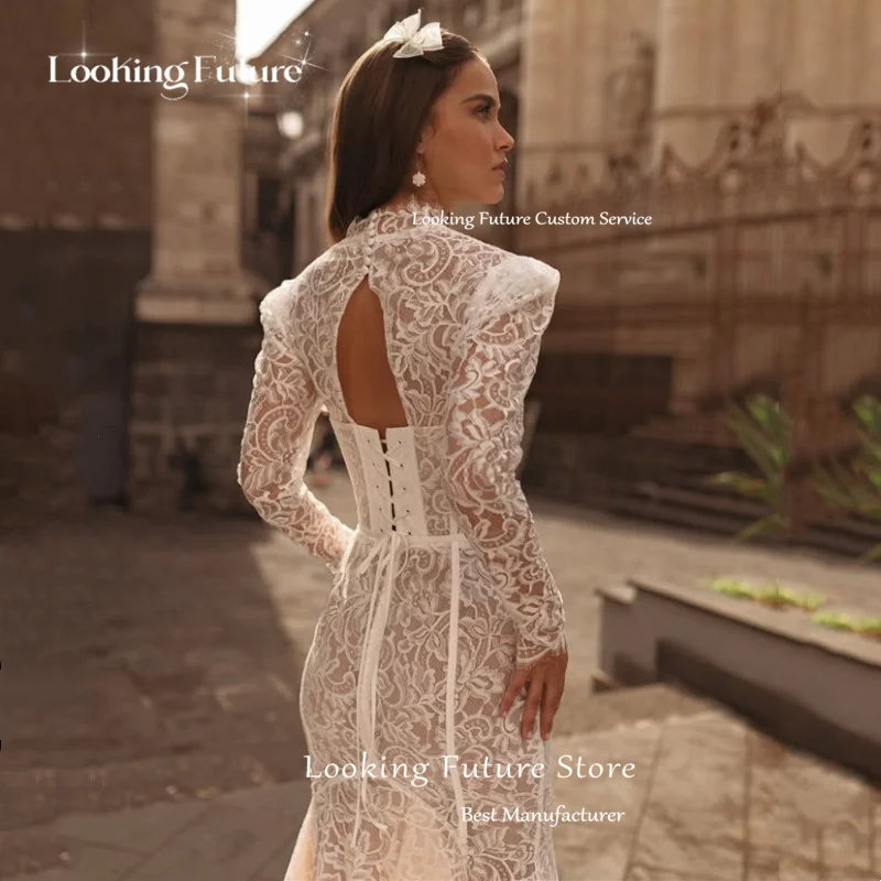 Boho Lace Appliques Mermaid Wedding Dress Long Sleeves Sexy Open Back Lace Up Bridal Gown Pleat High Neck Sweep Train Customized